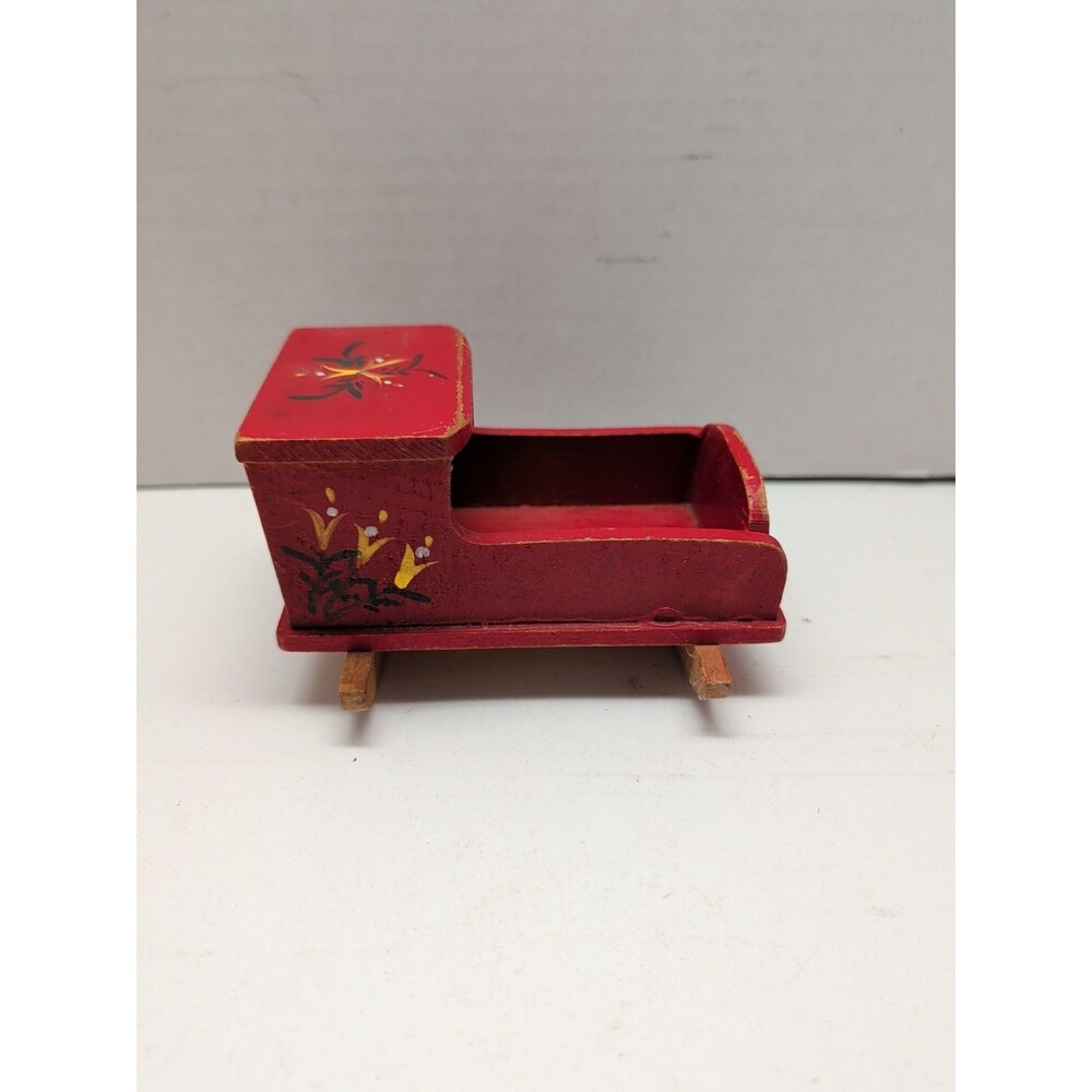 Vtg Handcrafted Red Wooden Baby Dollhouse Rocking Crib Cradle Bed 5" x 4" x 3"
